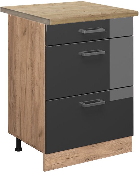 Küchenunterschrank R-Line, Anthrazit Hochglanz, 60 cm mit Schubladen, AP Eiche, Vicco