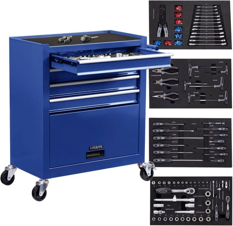 Arebos - Werkstattwagen Blau 4 Schubladen 81 teiliges Werkzeug großes Fach Antirutschmatten kugelgelagerte Schubladen Tr...