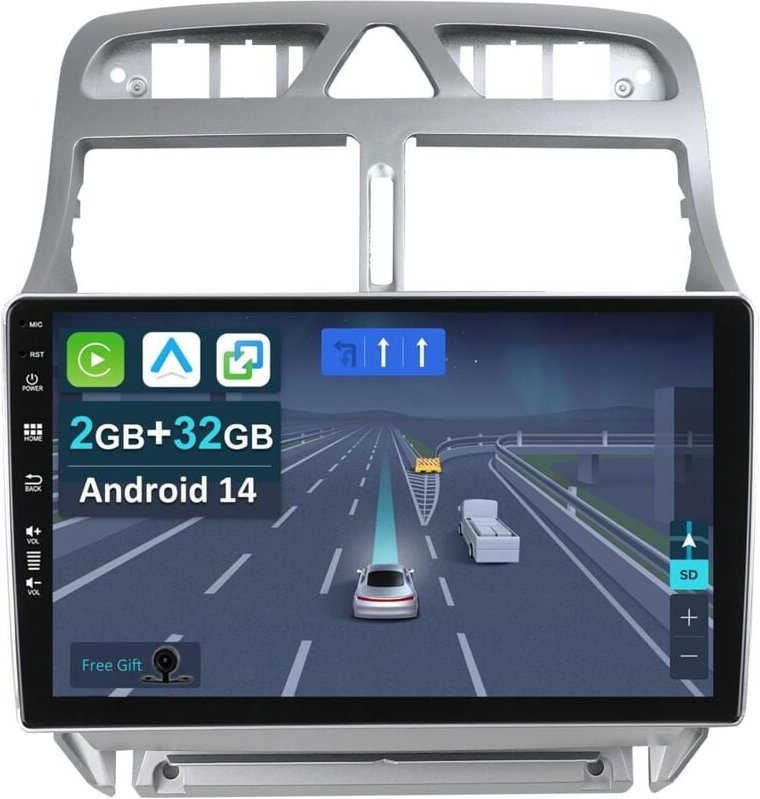 9" Android 14 Autoradio für Peugeot 307 SW CC (2002–2013) – mit kabellosem Apple CarPlay Android Auto Mirror Link GPS-Na...