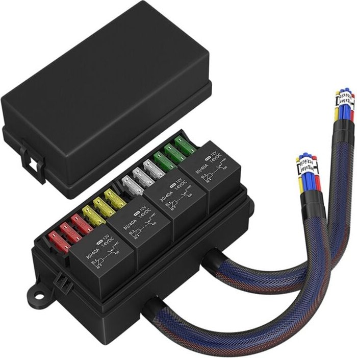 12-V-Sicherungsrelaiskasten, Vorverdrahteter Sicherungs- und Relaiskasten mit 4 Relais, 12-Wege-ATC/ATO-Sicherungen, Ver...