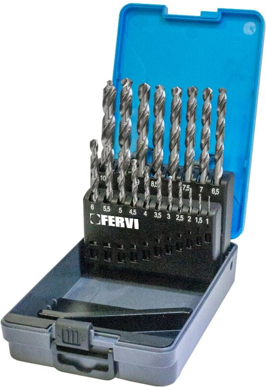 Serie von 19 zylindrischen Spiralbohrern 1 - 10 mm hss x Eisen Fervi p023/19