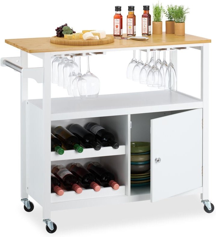 Küchenwagen, Weinregal, Gläserhalter, Schrankfach, Handtuchhalter, hbt: 83x92x40 cm, Bambus, mdf, weiß/natur - Relaxdays