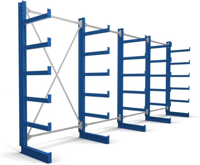 Kragarmregal einseitig 4 Felder mit 5 Ebenen 5200x2000x500mm enzianblau - Stier