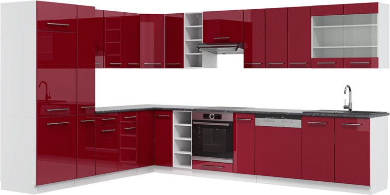 Vicco - Eckküche Fame-Line, Bordeaux Hochglanz/Weiß, 347 x 257 cm , ap Anthrazit
