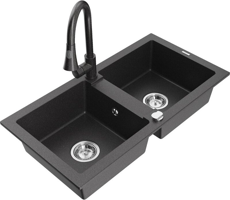 Mario 2-Becken-Granitspüle mit Mischbatterie Elia, Schwarz gesprenkelt - 6504-76-670101-76 - Mexen