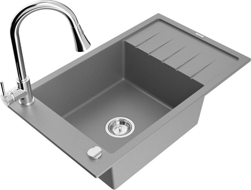 Elias 1 Becken-Granitspüle mit Abtropffläche und Mischbatterie Elia, Grau - 6511-71-670101-00 - Mexen