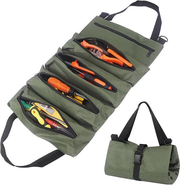 Thumbnail - Rollbare Werkzeugtasche, aufrollbare Werkzeugtasche aus Segeltuch, aus Oxford-Stoff mit fünf Reißverschlusstaschen, geei...