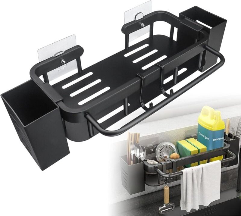 Schwammhalter für Küchenspüle, Edelstahl, Aufbewahrungsbox, Aufbewahrung für Spülbecken, Schwammhalter mit 2 Stäbchenhal...