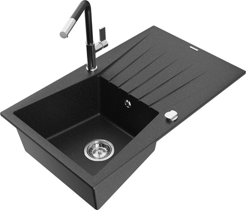 Mexen Cesar 1 Becken-Granitspüle mit Abtropffläche und Mischbatterie Flora, Schwarz/Silbermetallic -