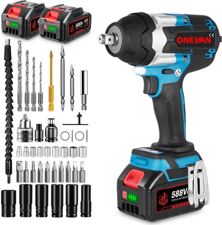 Onevan - 1800 n.m Drehschlagschrauber Akku Schlagschrauber mit 2 Batterien und 44 Zubehörteilen