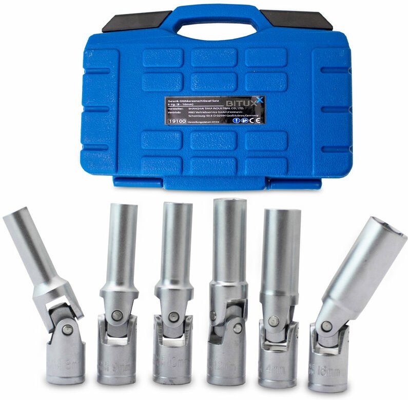 Gelenk Glühkerzenschlüssel Satz 6 tlg. (8/9/10/12/14/16 mm) 3/8 Stecknuss Satz kfz Werkzeug - Bituxx