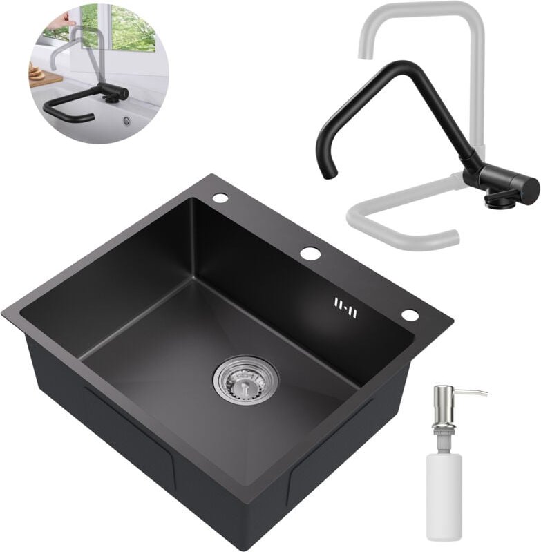 Edelstahl Küchenspüle + Umklappbare Küchenarmatur Set, 54 × 49 cm Einbauspüle mit Seifenspender, Vorfenster Spültischarm...