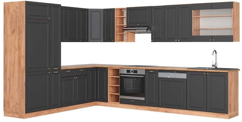 Vicco - Küchenschränke Fame-Line, Anthrazit Landhaus/Goldkraft Eiche, 347 x 257 cm , ap Eiche