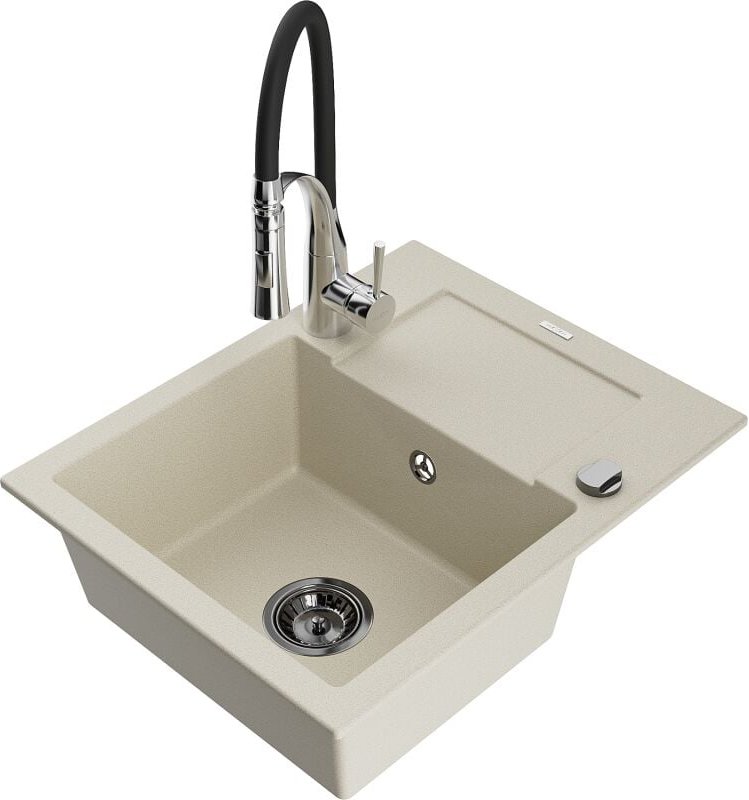 Mexen Enzo 1 Becken-Granitspüle mit Abtropffläche und Mischbatterie Aster, Beige - 6506-69-73450-07-B