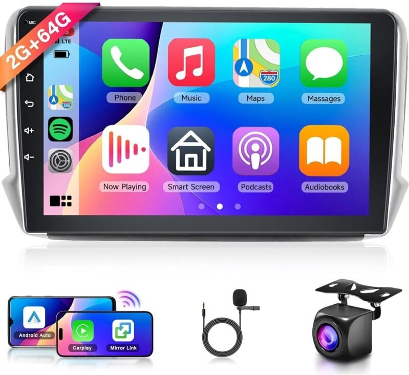 2G 64G Android-Autoradio für Peugeot 2008 208 2012–2018, 10-Zoll-Touchscreen-Autoradio mit kabellosem Carplay, Android A...