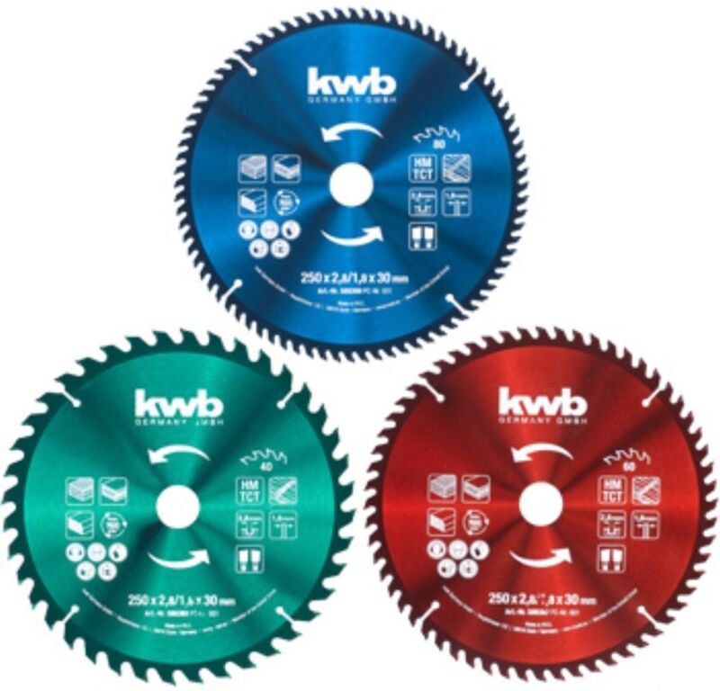 KWB - Einhell 49589399 3er Set Kreissägeblätter Gehrungssäge 250x30mm 40Z/60Z/80Z