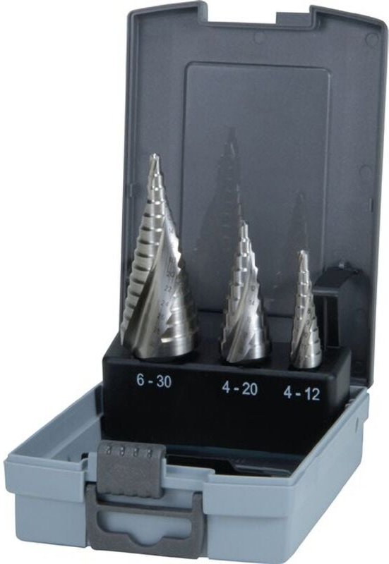 Stufenbohrersatz D.4-12/4-20/4-30mm HSS-Co5 Spiralnut 3tlg.Ku.-Kass.