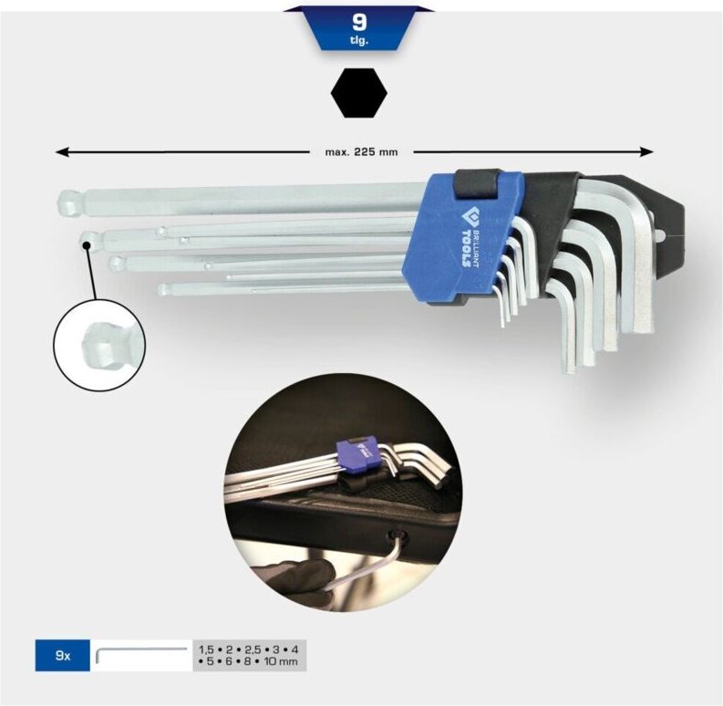 Brilliant Tools - Winkelstiftschlüssel-Satz, 9-tlg, Innensechskant-Profil, lang