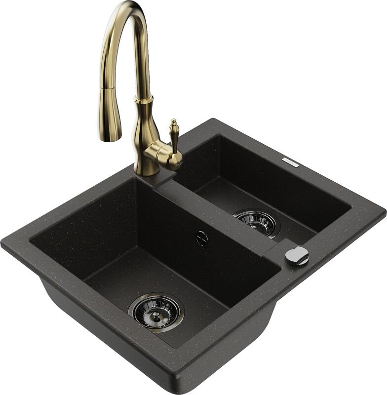 Carlos 1,5-Becken-Granitspüle mit Mischbatterie Savita, Schwarz/Gold metallisch - 6518-75-672601-50-B - Mexen