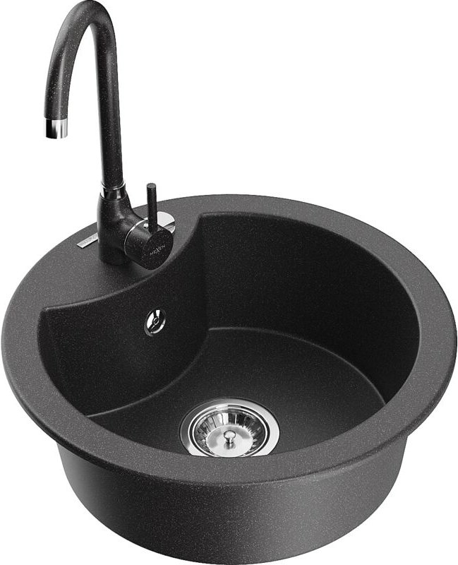 Diego 1-Becken-Granit-Spüle mit Mischbatterie Telma, Schwarz gesprenkelt - 6512-76-670200-76 - Mexen