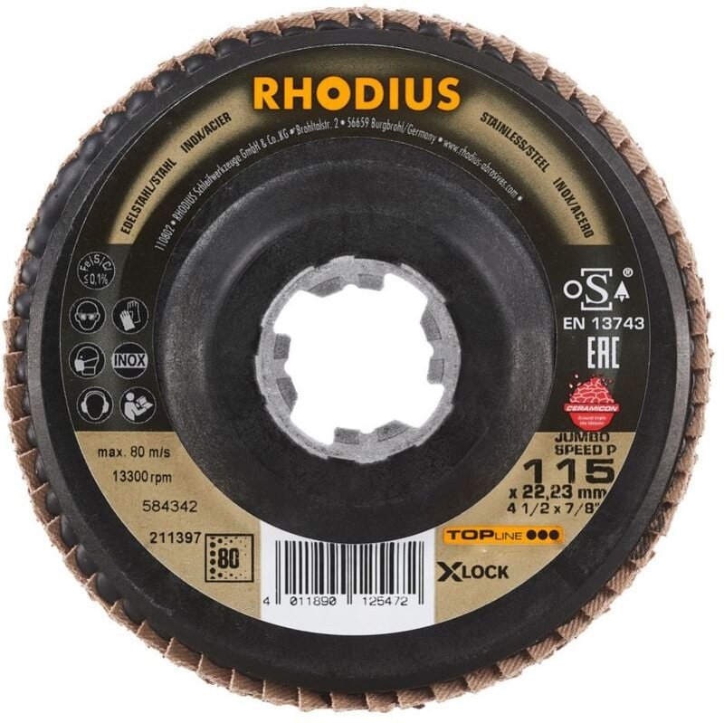 RHODIUS JUMBO SPEED P X-LOCK, 10 Stück, 115 mm, Korn 80, X-LOCK Fächerschleifscheibe