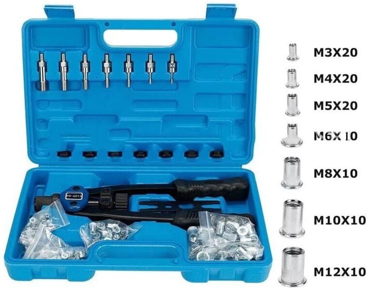 Muttern-Montagesatz mit 100 verschiedenen metrischen Dornen M3/M4/M5/M6/M8/M10/M12 und geformtem Tragekoffer-