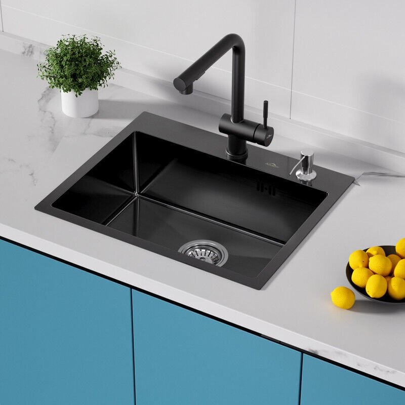 Handgemachte Einbauspüle 55 x 45cm Küchenspüle Edelstahl Einzelbecken Spülbecken Waschbecken Dunkelgrau/Schwarzgrau,Geei...