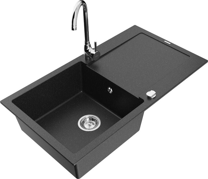 Leo 1 Becken-Granitspüle mit Abtropffläche und Mischbatterie Telma, Schwarz/Silbermetallic - 6 - Mexen