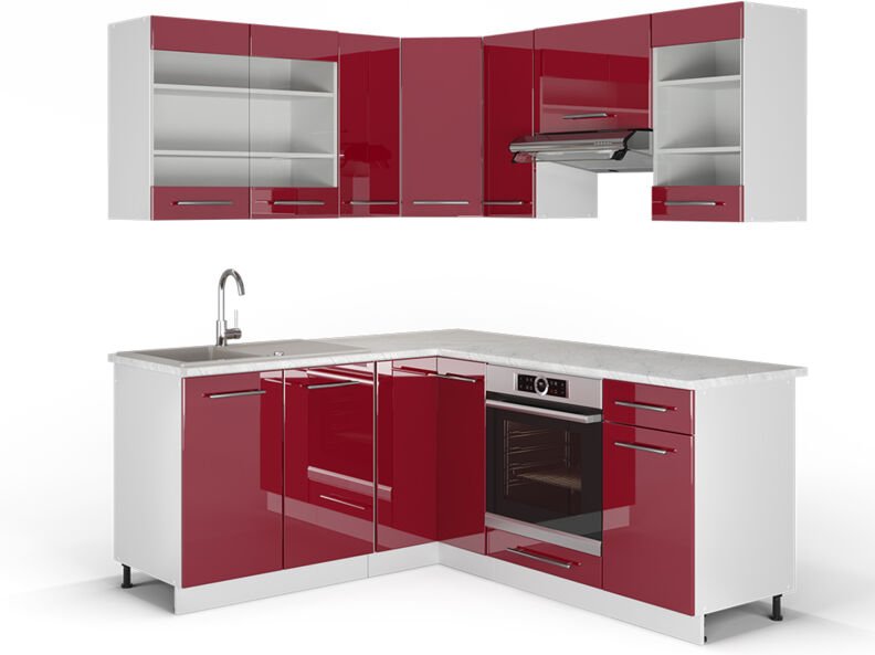 Eckküche Fame-Line, Bordeaux Hochglanz/Weiß, 160 x 190 cm , AP Marmor, Vicco