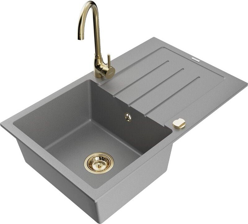 Bruno 1 Becken-Granitspüle mit Abtropffl√§che und Mischbatterie Telma, Grau - 6513-71-670200-50 - Mexen