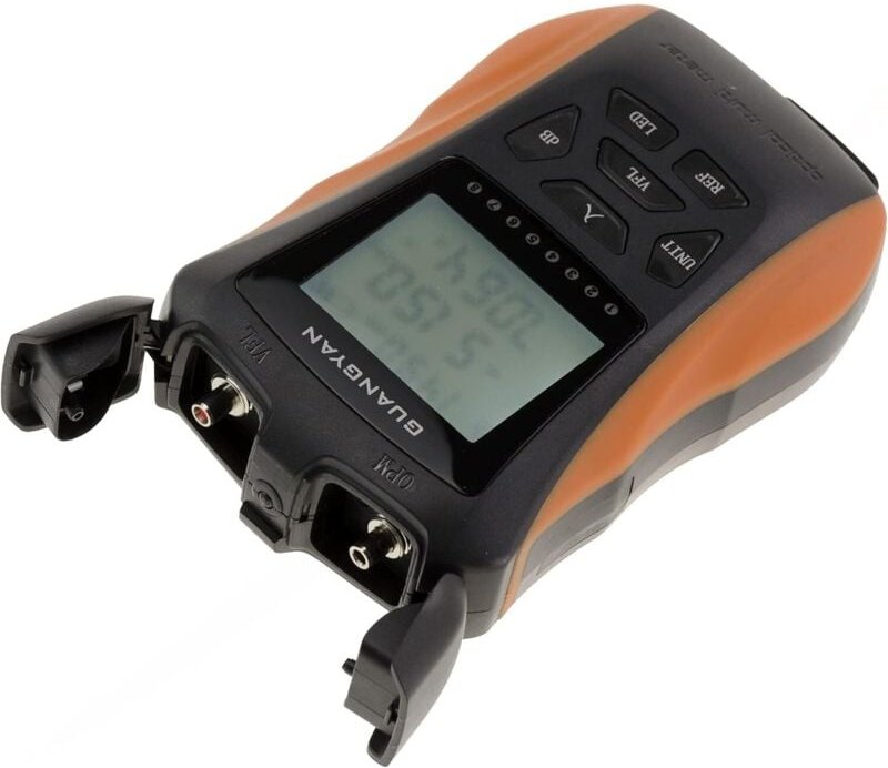 Glasfasertester mit Leistungsmesser und VFL-Funktion sowie RJ45-Ethernet-Netzwerkkabeltester. LCD-Display mit Hintergrun...