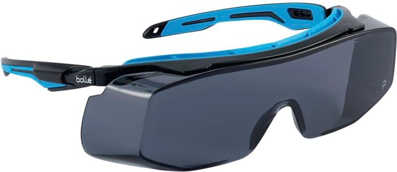 Bolle Sicherheitsbrille Tyron OTG - Augenschutz nach EN166 mit Rauchglas Sichtscheibe, schwarz/blau