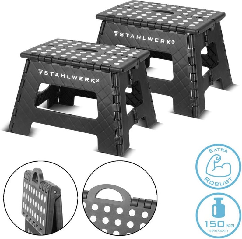STAHLWERK Klapptritt KT-2 ST 2er Set mit 150 kg Tragkraft Faltbarer Tritthocker