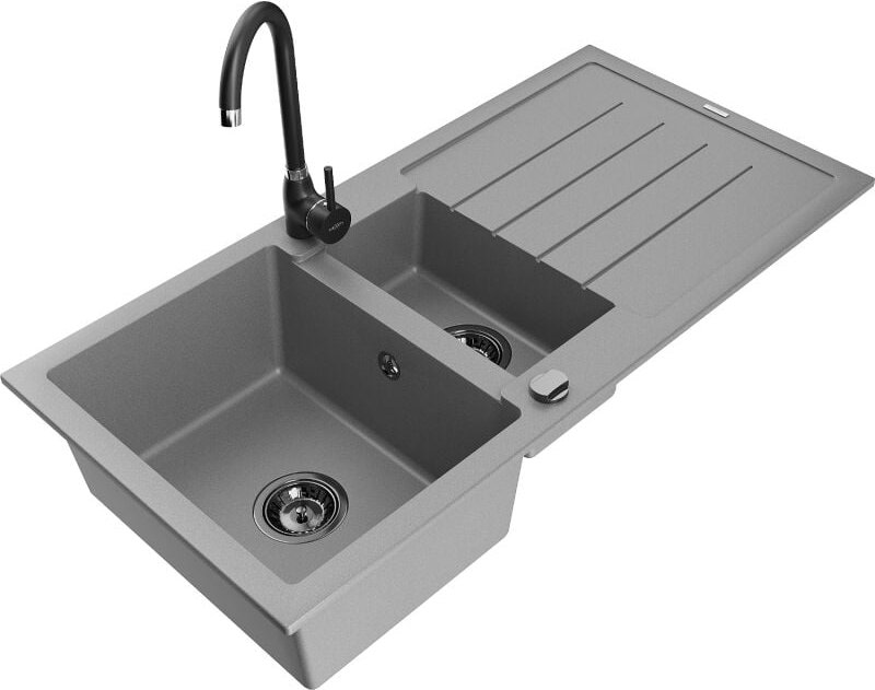 Andres 1,5-Becken-Granitspüle mit Abtropffl√§che und Mischbatterie Telma, Grau - 6515-71-670200-70-B - Mexen