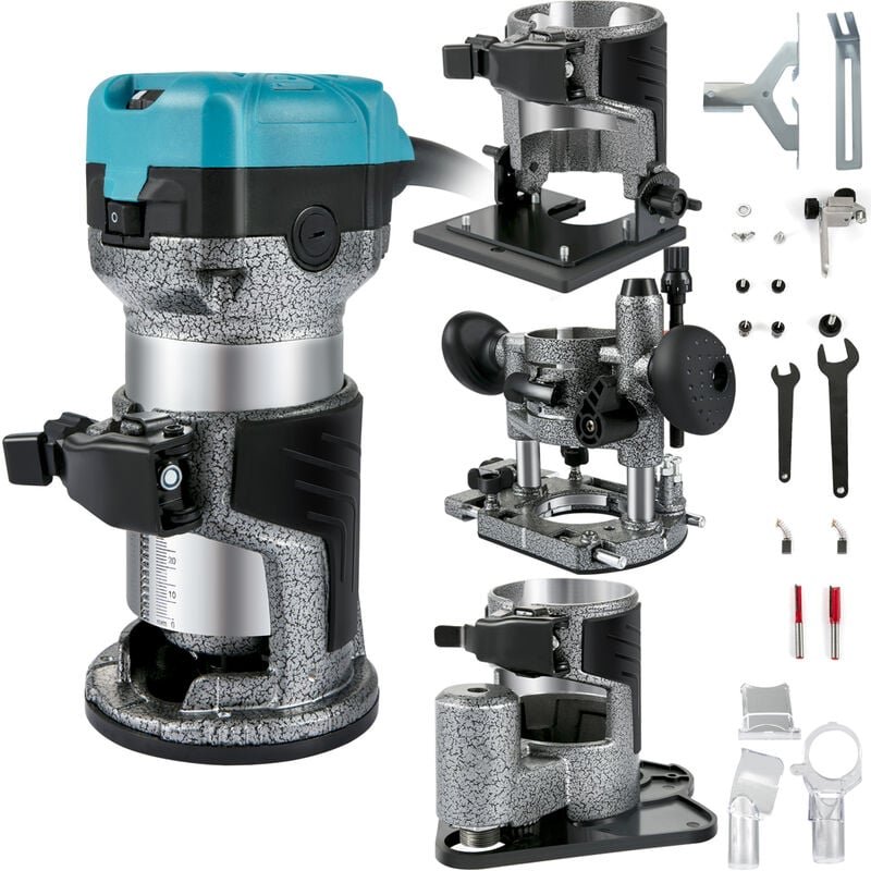 Einhand Holz Oberfräse Kantenfräse 33000 u / min, Feste Basis, Neigungsbasis, Tauchbasis, Offset Basis, 3 Spannzangen 6,...