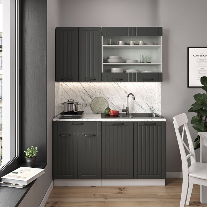 Singleküche Fame-Line, Anthrazit Landhaus/Weiß, 140 cm , AP Anthrazit, Vicco