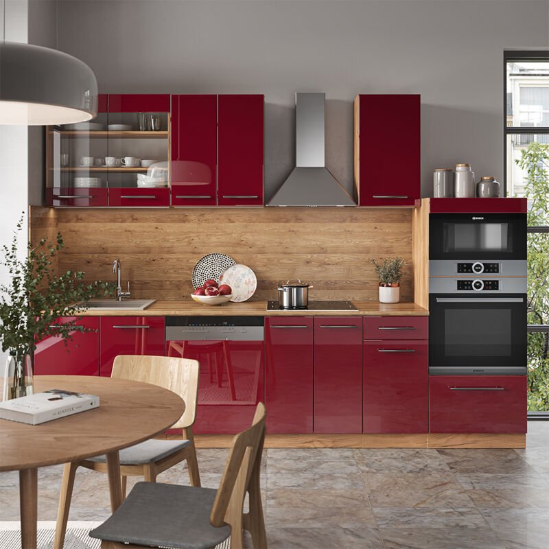 Vicco - Küchenzeile Fame-Line, Bordeaux Hochglanz/Goldkraft Eiche, 300 cm mit Hochschrank, ap Anthrazit