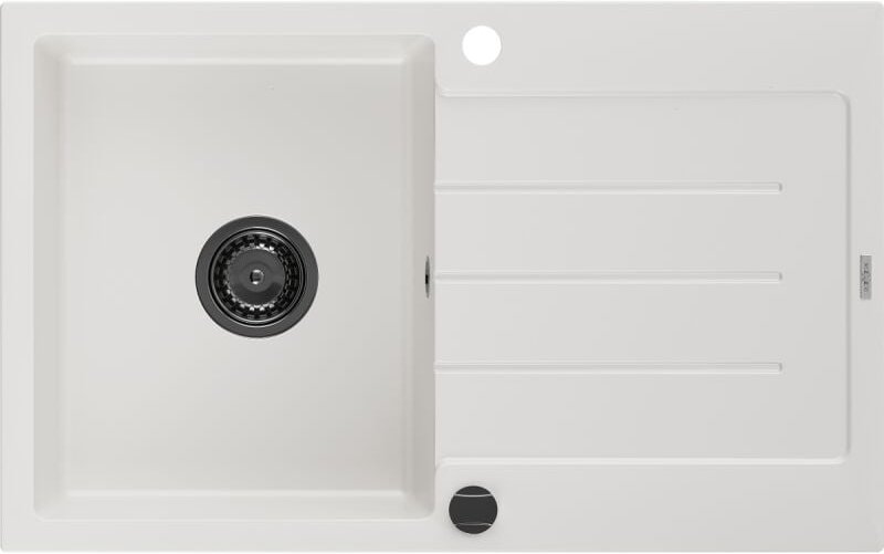 Bruno Granitspüle mit einem Becken und einer Abtropffläche 795 x 495 mm, Weiß, Siphon Schwarz - Mexen