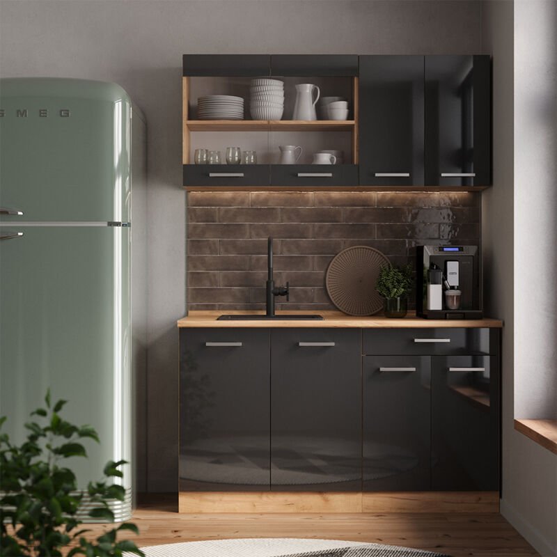 Vicco - Singleküche R-Line, Anthrazit Hochglanz/Goldkraft Eiche, 140 cm , ap Eiche