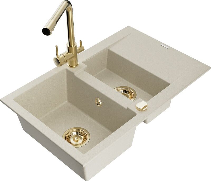 Gaspar 1,5-Becken-Granitspüle mit Abtropffläche und Mischbatterie Duero, Beige - 6507-69-67160 - Mexen
