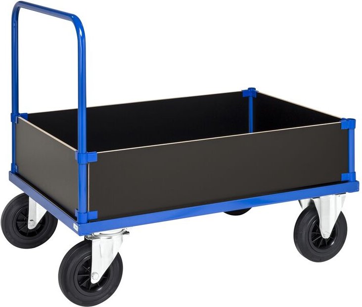 Kongamek Kastenwagen in blau 1000x700x900mm mit MDF-Platte, Schiebegriff und 4 Wänden 400mm hoch mit Gummibereifung und ...