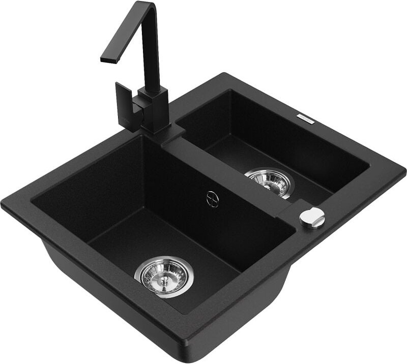 Mexen Carlos 1,5-Becken-Granitspüle mit Mischbatterie Rita, Schwarz - 6518-77-670300-70