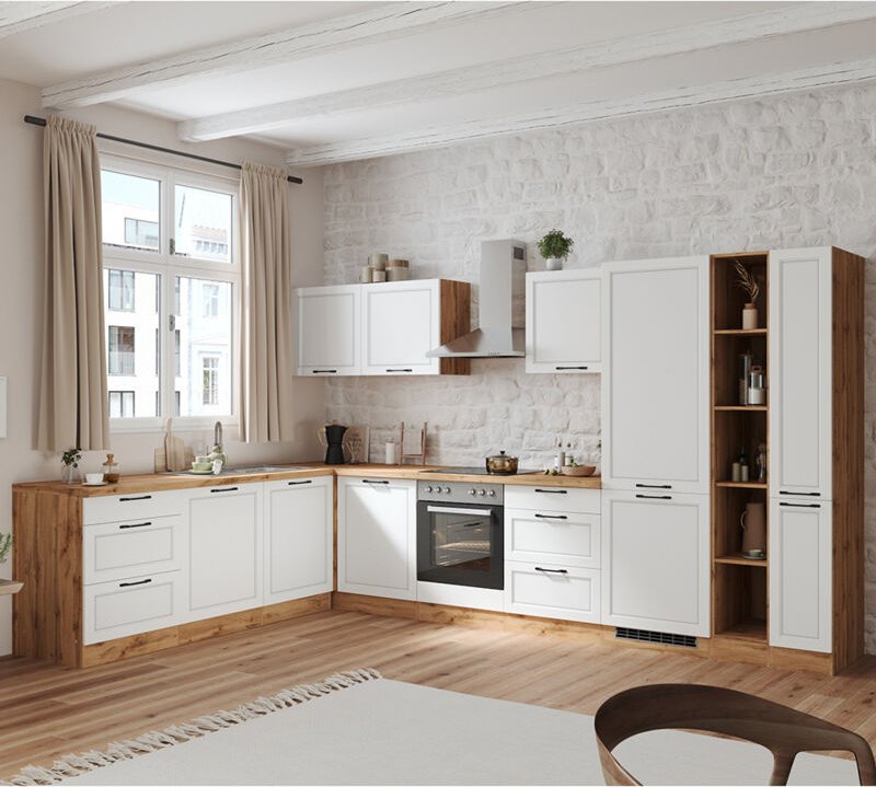 Winkelküche 360/240 cm mit E-Geräten in weiß und Eiche, Arbeitsplatte in Eiche, MONTERREY-03