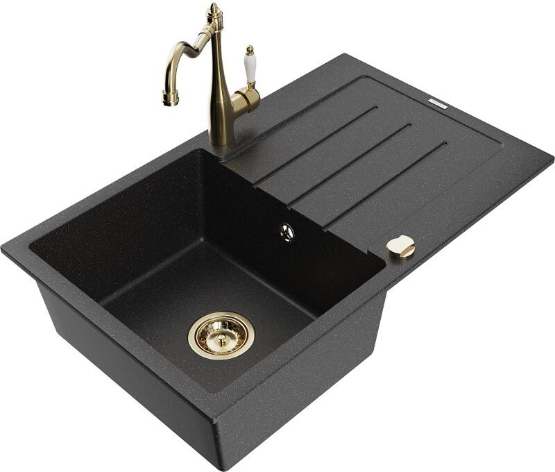 Bruno 1 Becken-Granitspüle mit Abtropffl√§che und Mischbatterie Carla, Schwarz/Silbermetallic - 6513-73-670700-50 - Mexe...