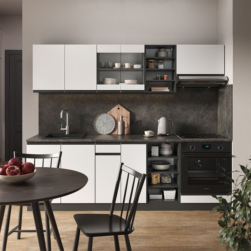 Küchenzeile R-Line, Weiß/Anthrazit, 240 cm J-Shape, Vicco