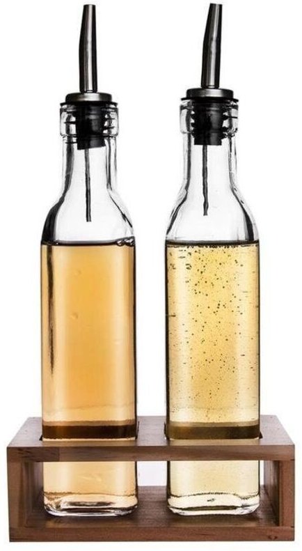 Set of two glass bottles with dispenser in wooden stand