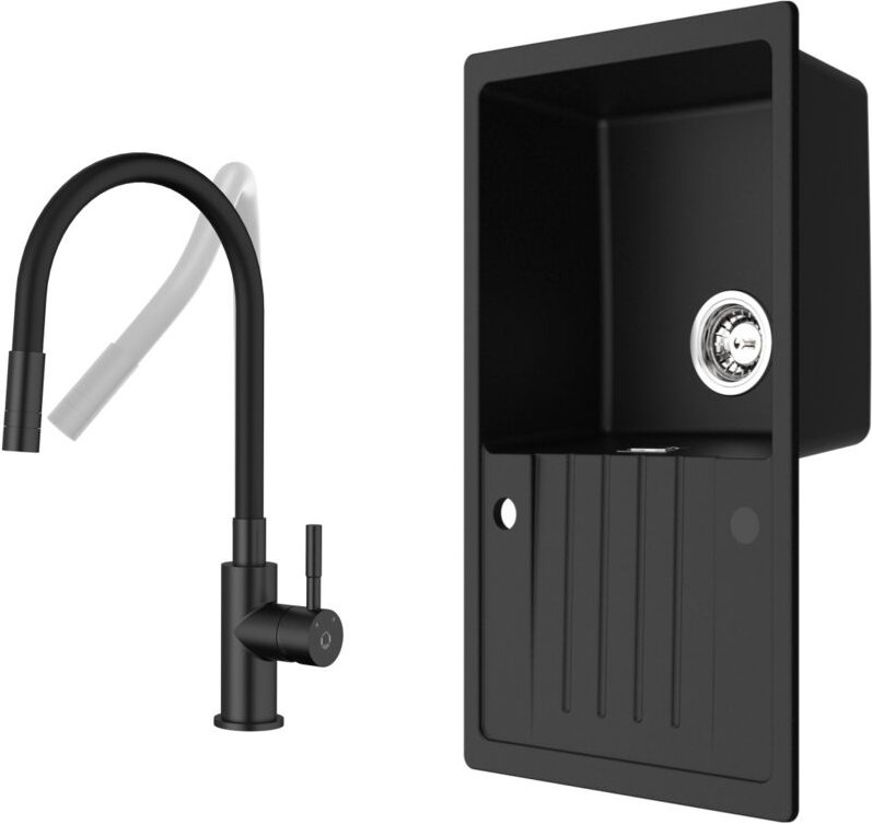 Cecipa Max - Küchenspüle 78x45cm Granitspüle Anthrazitschwarz Mit Abtropffläche + Universeller Küchenarmatur Schwarz Hoh...