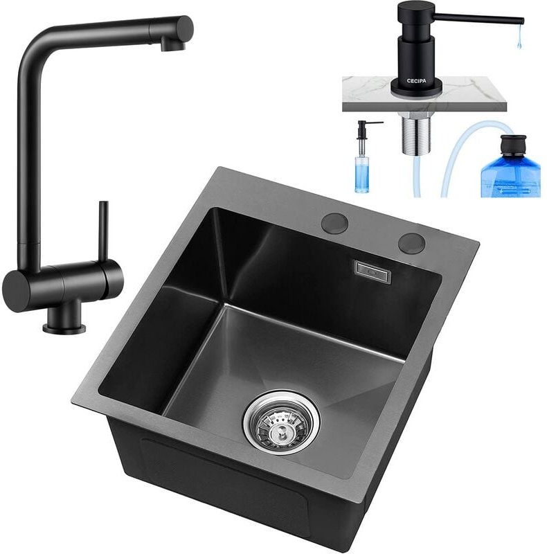 Cecipa - Spülbecken 40 45 cm Küchenspüle mit Über- und Ablaufgarnitur, Einbauspüle Edelstahl Becken Anthrazit +Vorfenste...
