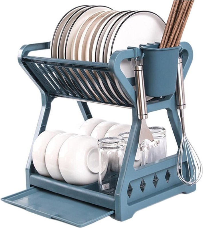 Trade Shop - SCOLAPIATTI A 2 RIPIANI DOPPIO SCARICO CON VASSOIO RACCOGLIGOCCE RIMOVIBILE PORTAUTENSILI -