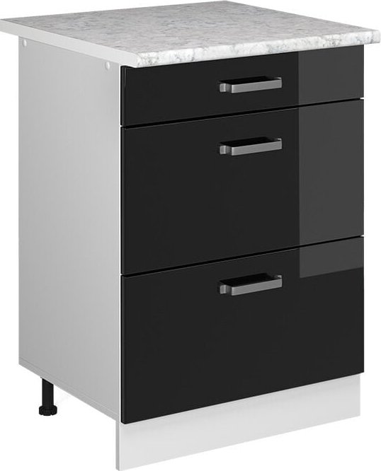 Vicco - Küchenunterschrank R-Line, Schwarz Hochglanz, 60 cm mit Schubladen, ap Marmor
